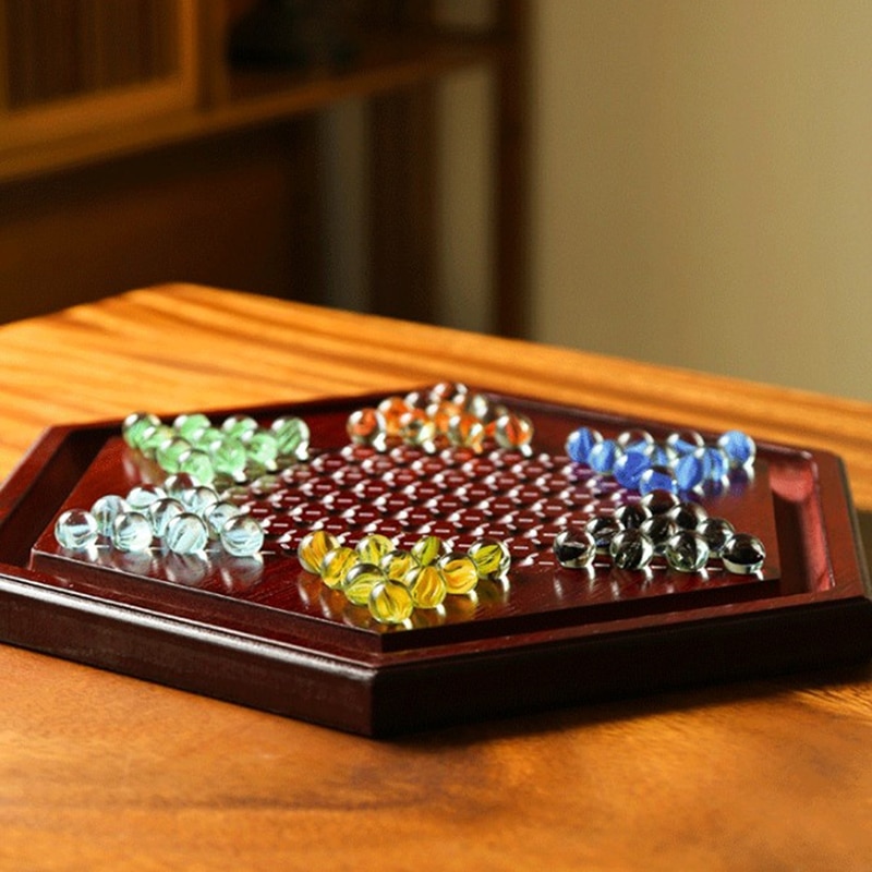 Juego de la familia juego de damas Hexagonal tipo cajonera damas canicas de vidrio de las Damas de madera tablero de adultos niños Interior de almacenamiento