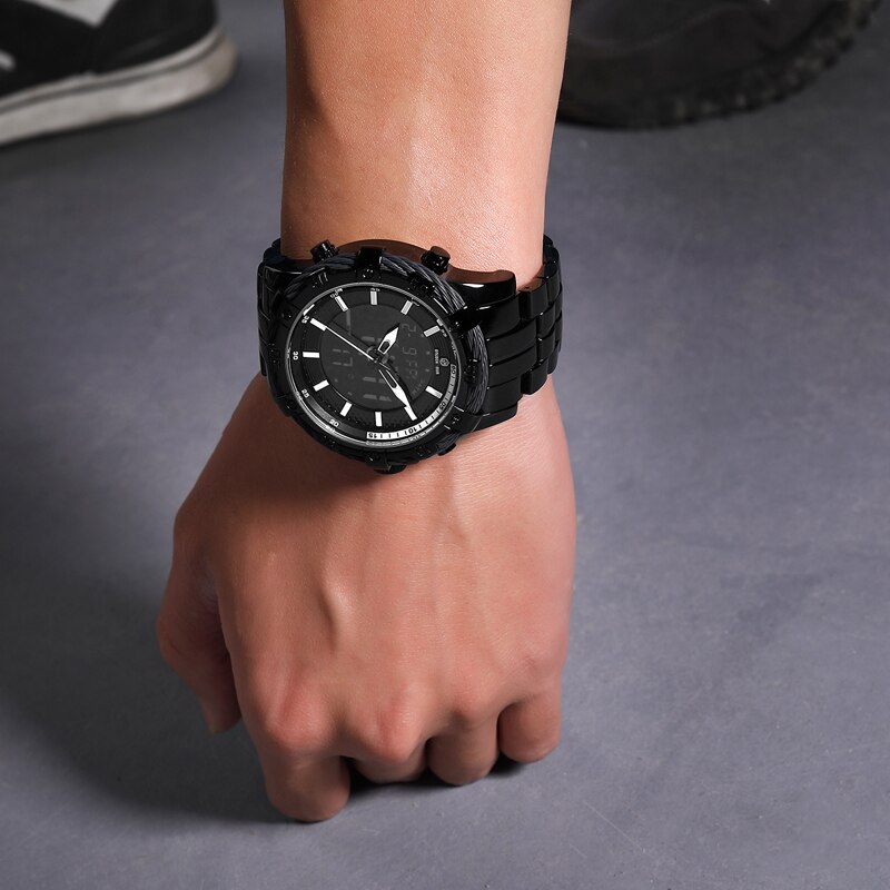 GOLDENHOUR-reloj analógico de acero inoxidable para hombre, accesorio de pulsera de cuarzo resistente al agua con doble pantalla, complemento Masculino de de lujo con clásico