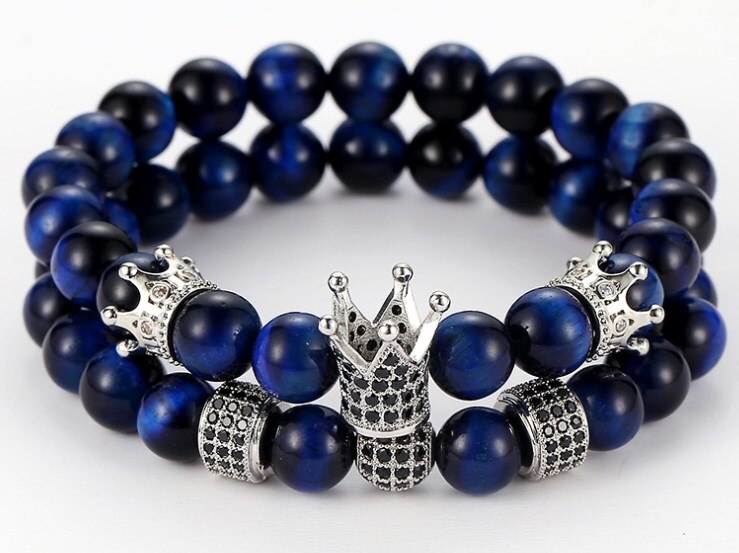 8 Mm 2 Stks/set Jt5u Elastische Aangepast Natuur Blauw Tijgeroog Bead Micro Pave Cz Zirkoon Zirconia Kroon Armband: 1