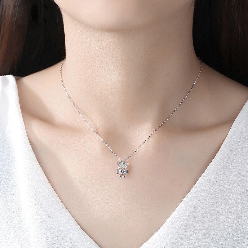 New Fashion 925 Sterling Silver Crown Round Pendant Necklace ruotabile ballerà strass Charm collane regalo gioielli donna