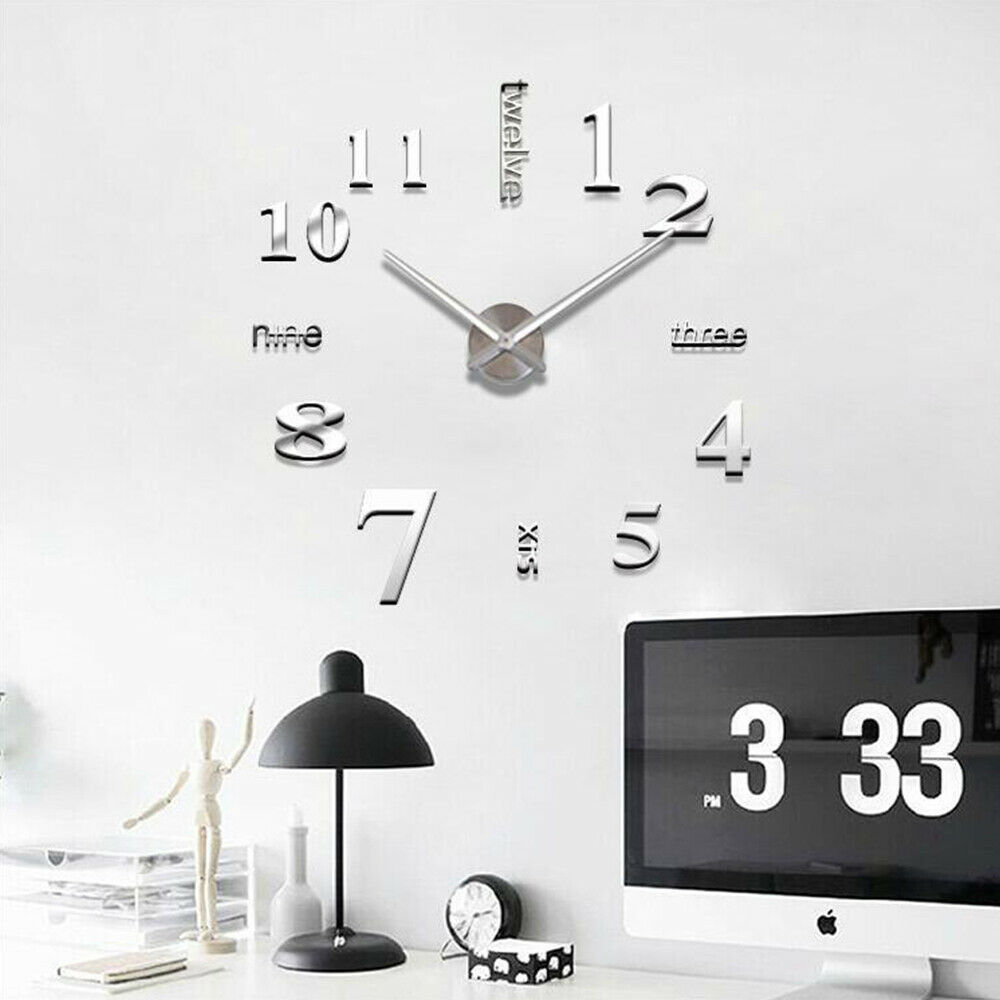 Reloj de números para pared, espejo para pegatina de decoración del hogar, oficina y habitación de niños: Plata