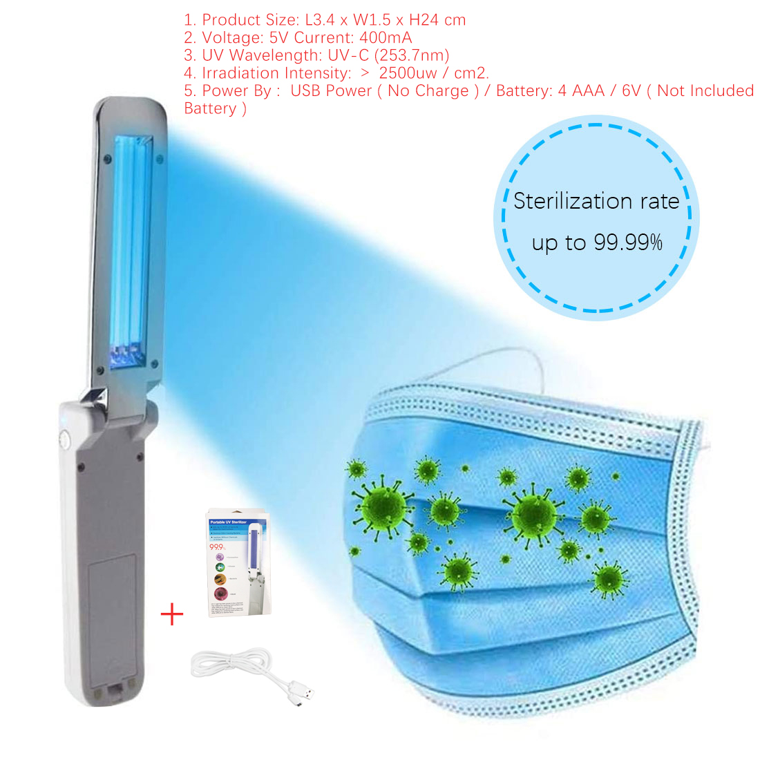 Sterilization Lamp Ultraviolet UV Sterilizer Light Ultraviolet Light Foldable for Disinfect Bacterial Kill Mites/ Fungus Lights: 270nmWith Retail Box