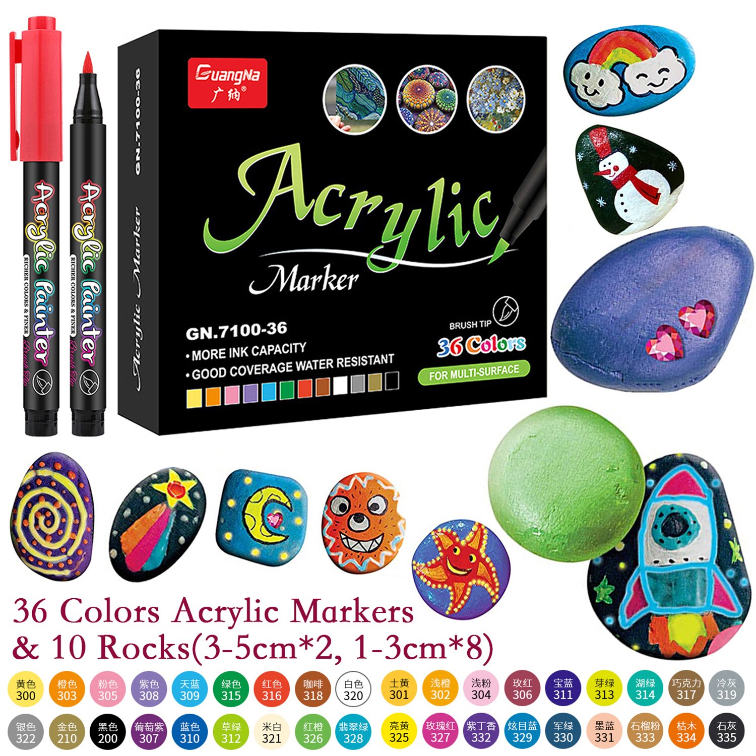 36 Color Sketching Markers, Acrylic Marker for Painting, Acrylic Paint Pen, Brush Art Marker for Fabric Canvas, Rock Painting: 36 Pens and 10 Rocks