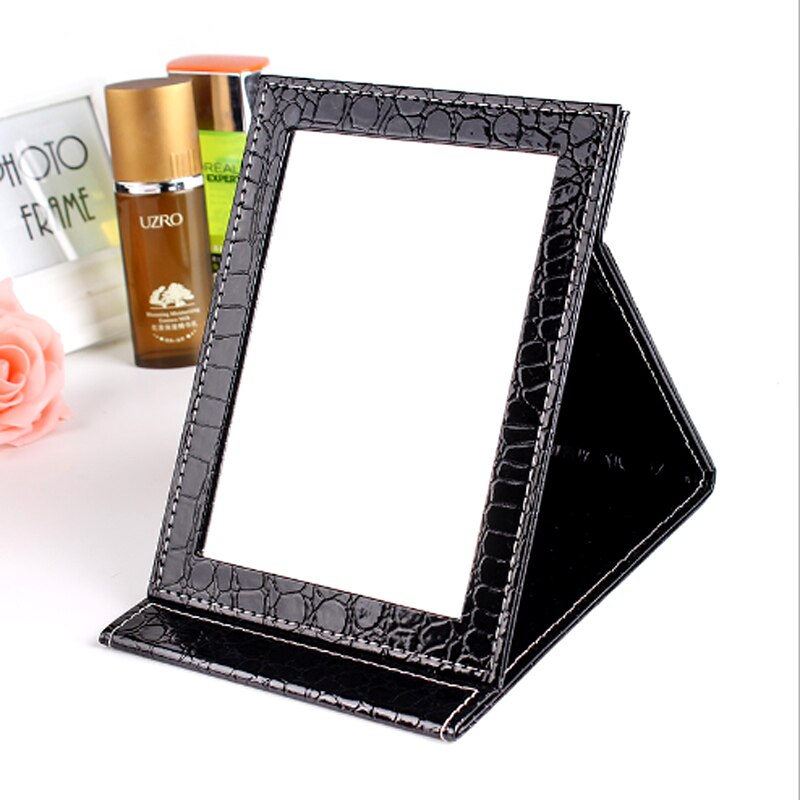Espejo de piel sintética con estampado de cocodrilo para mujer, espejo de maquillaje portátil, plegable, de belleza, 3 colores y tamaños diferentes: Black (S)