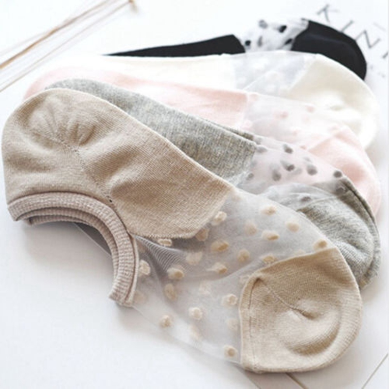 Women Lace Socks Crystal Glass Silk Knit Girl Dot Print Transparent Summer Invisible Sock Slippers