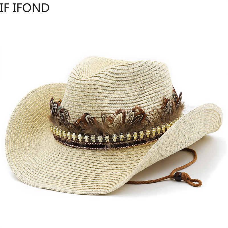 Hand Made Straw Western Cowboy Hat For Women Men Summer Curling Brim Beach Sun Hats Panama Cowgirl Jazz Cap