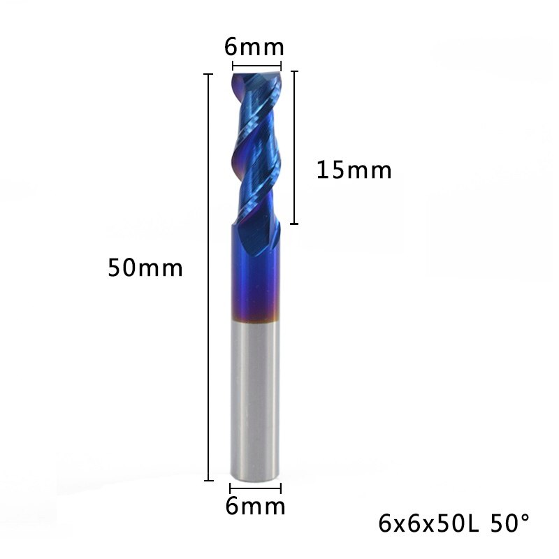XCAN 1pc 1-12mm Nano bleu revêtement 2 flûte fraise en bout plat 50 degrés carbure fraise en bout CNC routeur fraise en bout: 6x6x50L