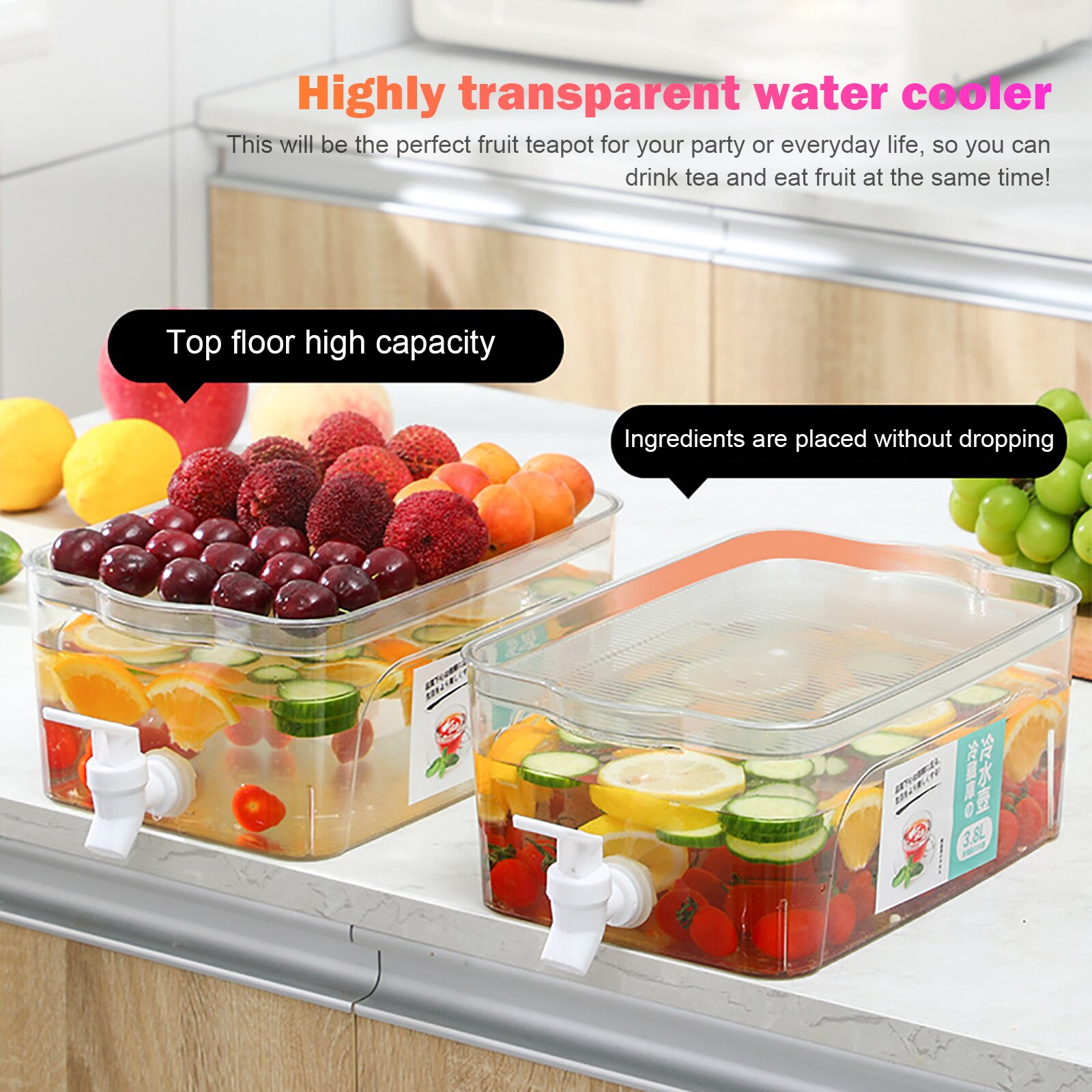 3.8L Large Capacity Beverage Dispenser Plastic Water Juice Drink Pitcher Box with Tray for Fruits Leak Proof Drink Dispenser