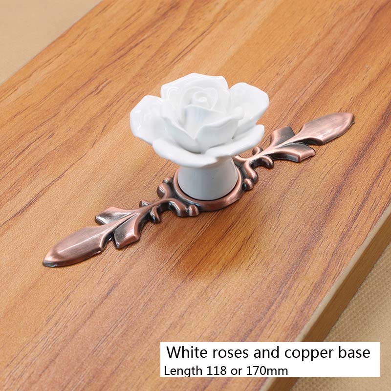 6,7 "Keramik Blume Rose Schublade Knöpfe Zink-legierung Ländlichen Schrank Schrank griffe 40mm durchmesser Möbel Griffe Hardware-: weiß und kupfer