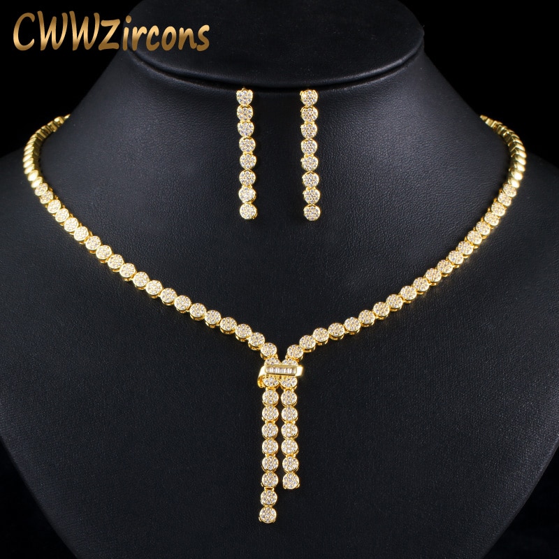 Cwwzircons africano nigeriano ouro casamento nupcial conjunto de jóias balançar gota brinco neckclace para feminino vestido de festa accessoires t406