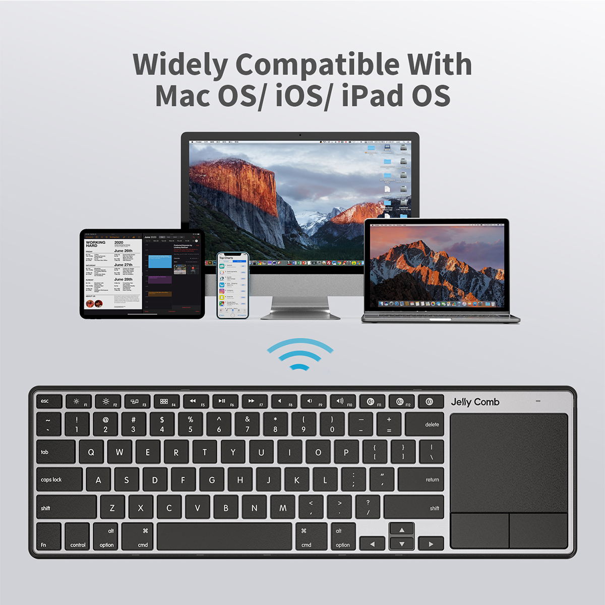 Jelly Comb Rechargeable Ultra Slim Multi-Device Bluetooth Wireless Keyboard with Touchpad for MacBook iMac iPhone iPad Pro Air
