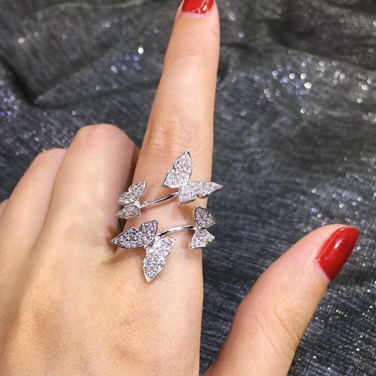 Trendy Crystal Four Butterfly Adjusted Finger Rings Animal Romantic Opening Jewelry Women Girl Wedding Engagement