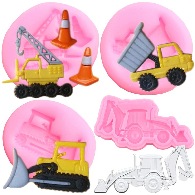 Bulldozer de silicona, moldes de grúa, camión de construcción, herramientas de decoración de pasteles de Fondant de Chocolate, accesorios para hornear magdalenas de de bebé