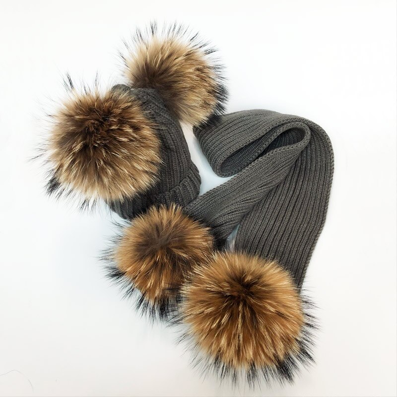 Ouder-kind Winter hoeden Schattige Baby bont Pompon Hoed Sjaal Sets Echte Natuurlijke Haarbal Caps Moeder Kinderen Warme Gebreide Hoeden Winter Bea
