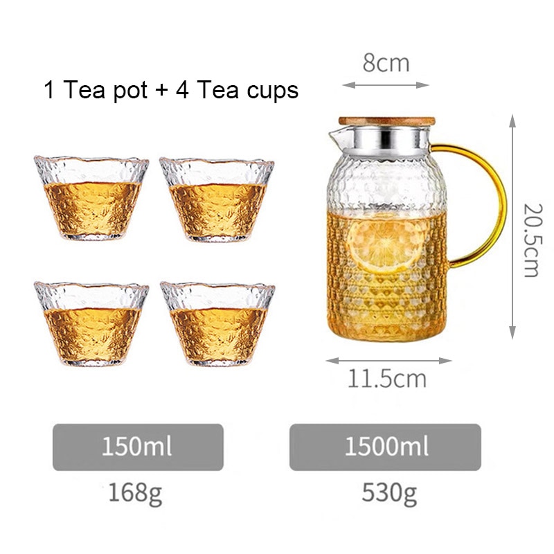 Ymeei 1500ml vandkande glas vandpottesæt varmebestandigt vandkande med håndtag til frugtsaft te kogende koldt drikkevarer: 4 glaskopper