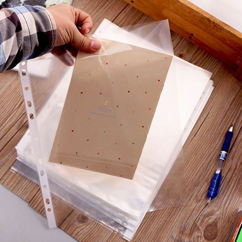 Unids/lote de 100 bolsillos perforados de plástico transparente A4, carpetas archivadoras finas, 11 agujeros, hojas sueltas, protectores de hojas para documentos