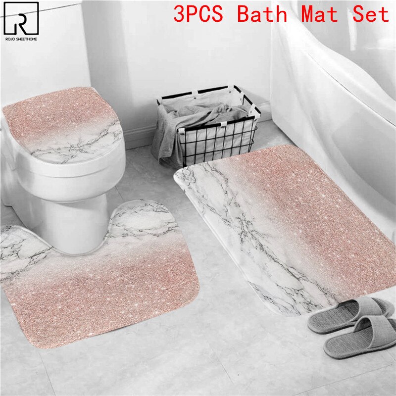 Rideaux de douche en marbre rose, décor brillant pour salle de bain, tissu en Polyester, couverture de toilette, tapis, accessoires de WC: 3PC Mat Set-B