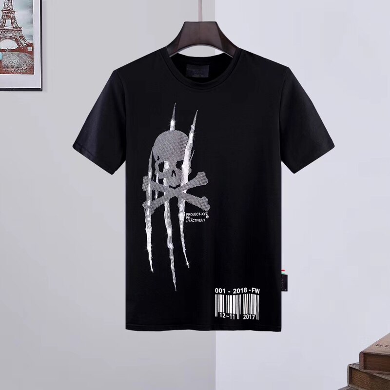 Summer Men T-shirt Men Short-Sleeved Tops Hip-Hop Street Sportswear Plein Skull Round Neck Short-Sleeved 3D Printed: Black / L