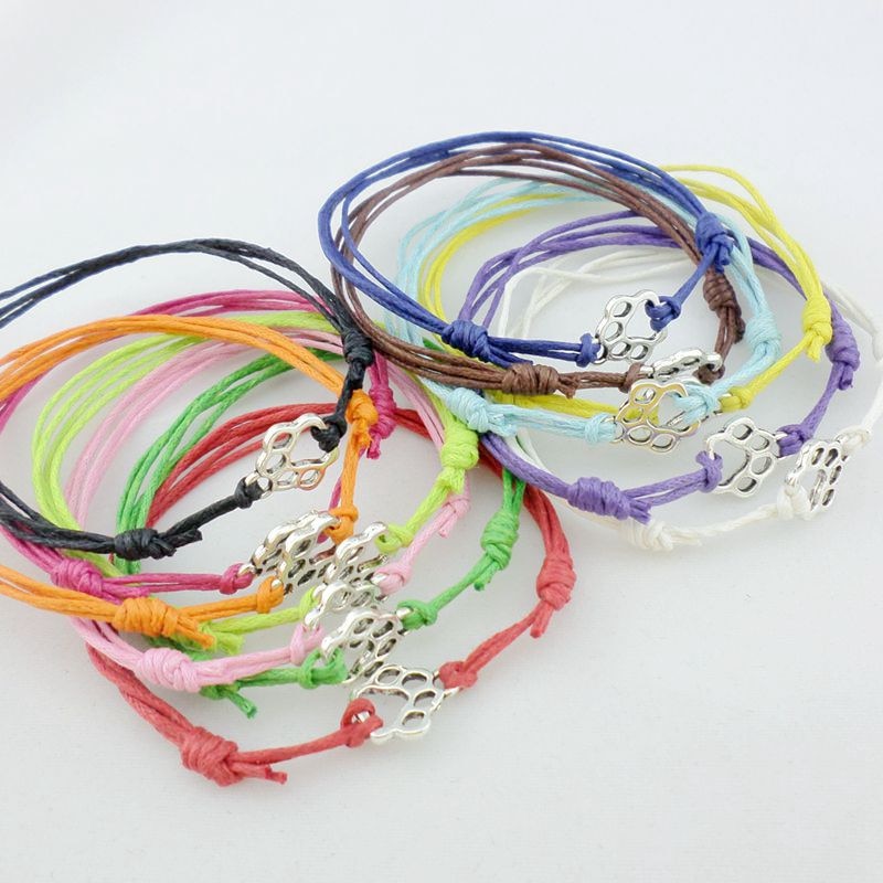 10Pcs Kat Hond Pootafdrukken Bedels Armbanden Rode Koord Verstelbare Vriendschap Armband Enkelband Vrouwen Mannen