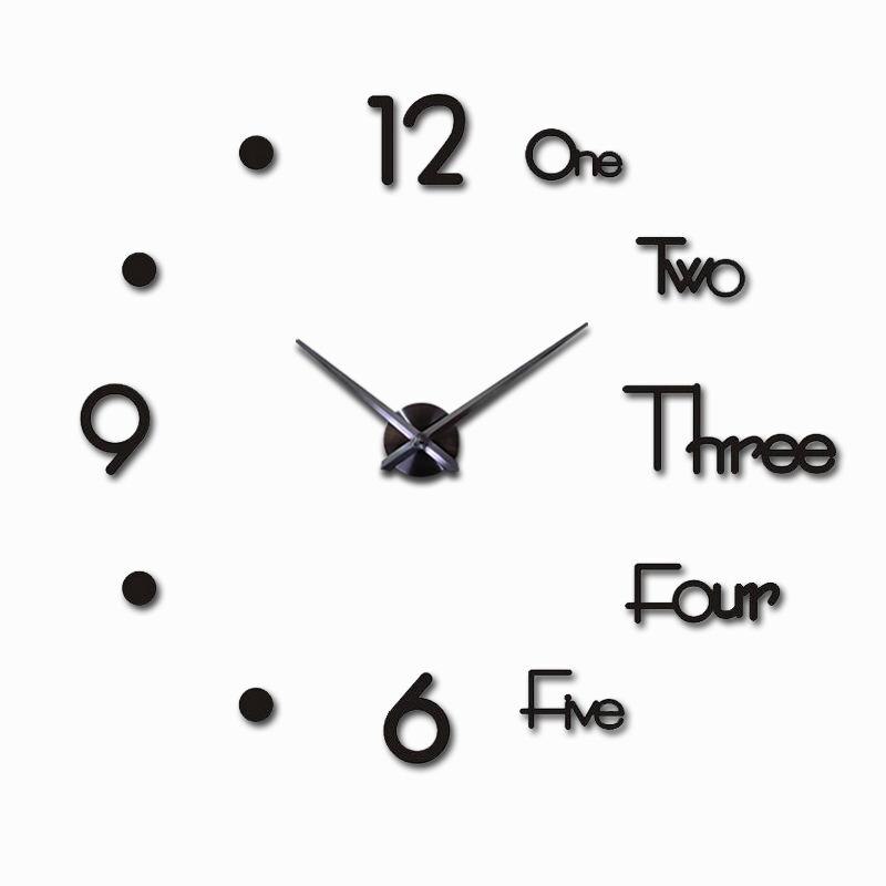 3D DIY Large Wall Clock Modern Silent Wall Sticker Clock Acrylic Mirror Self adhesive Wall Clocks Living Room Home Decor: Black