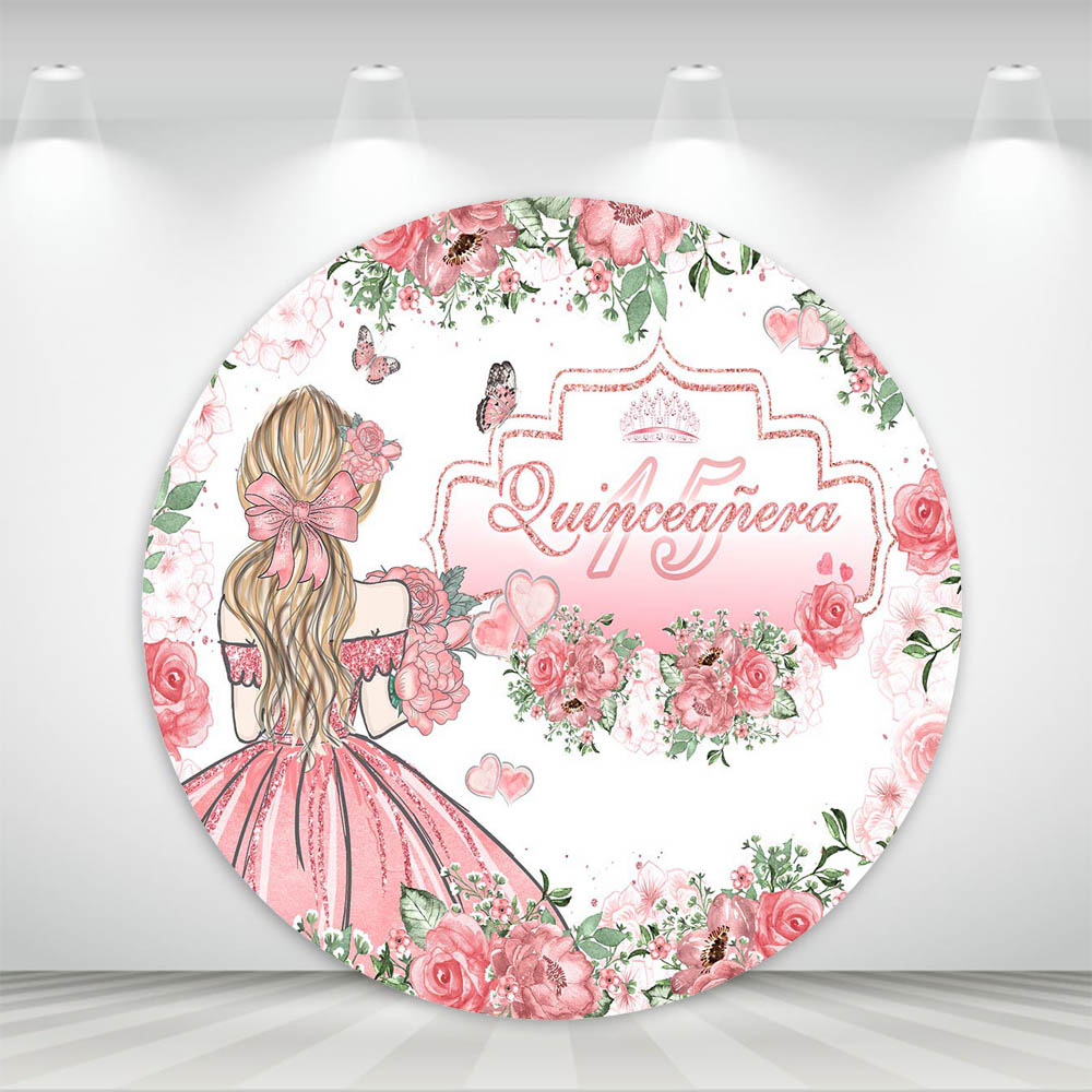 Mocsicka sfondo rotondo Sweet Girl 15th Birthday Party Decor fiori rosa vestito fotografia sfondo Quinceanera 15 fondali