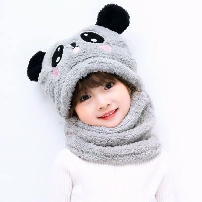 Children Winter Warm Hat Plus Fleece Thicken Scarf Cap Cartoon Panda Hat For Girls Boys Kids Caps Newborn Photography Baby Stuff: gray