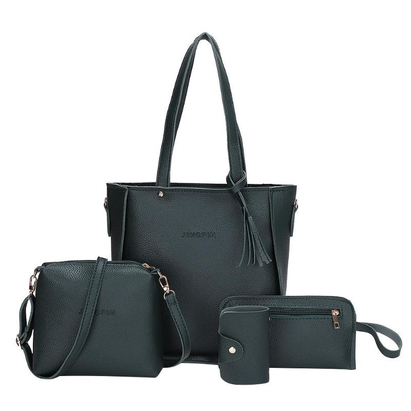 Conjunto de bolsos de hombro con borlas de Lichi para mujer, bandoleras cruzadas de piel sintética con asa superior, estilo informal, a la , 4 unids/set: Verde militar