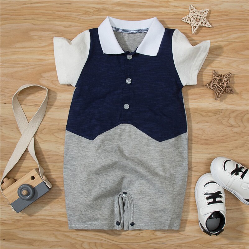 3-18Months Baby Jongens Korte Mouw Zomer Casual Katoenen Romper, Kinderen Kinderen Jongens Mode Contrast Kleur Single-Breasted Jumpsuit