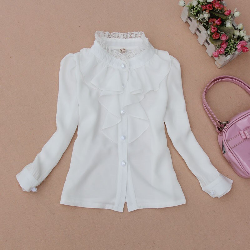 nueva ropa de primavera otoño para niños algodón cuello alto camisa de manga larga blanca encaje decoración blusas para niñas AA1589