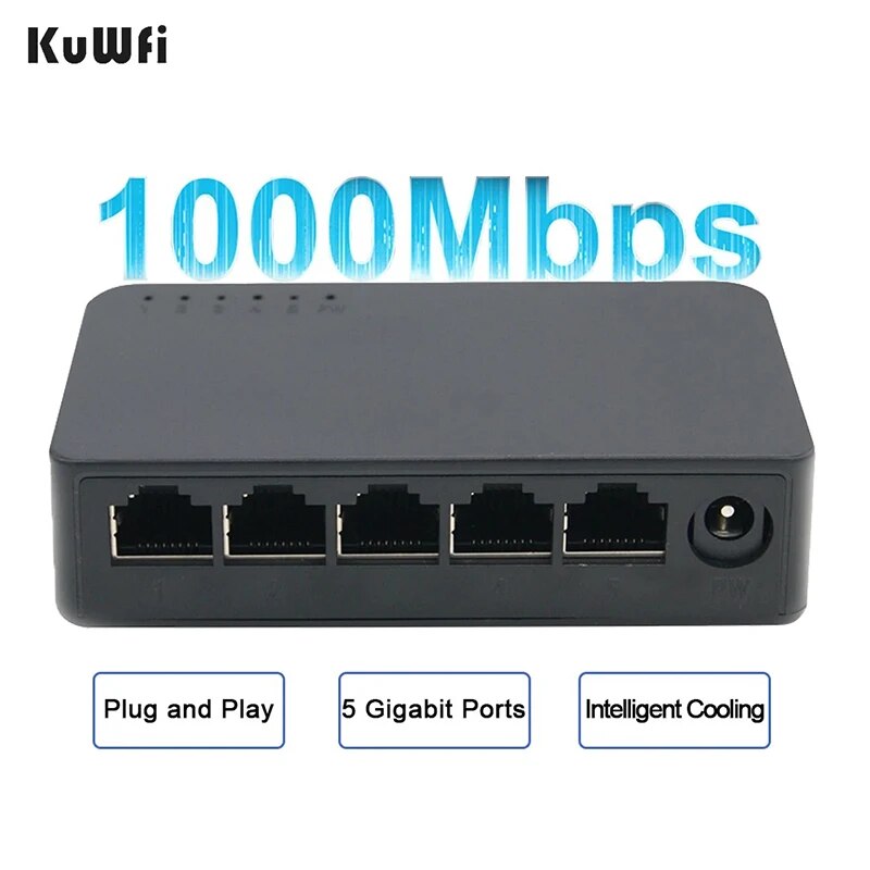 Switch Gigabit KuWFi a 5 porte Switch Ethernet veloce da 1000 Mbps Switch hub Ethernet porta LAN WAN per telecamera IP per monitor domestico
