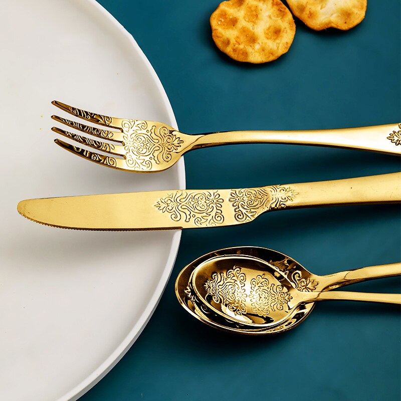 Golden Bestek Set, Europese Mes En Vork Lepel Reliëf Westerse Servies Retro Rvs Bestek Sets