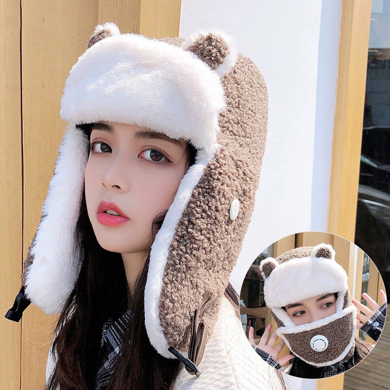 Gorro térmico 3 en 1 de piel para mujer, gorro con solapa para las orejas, máscara de esquí, para chica, a prueba de viento, Ushanka, Border, gorros de piloto: Khaki