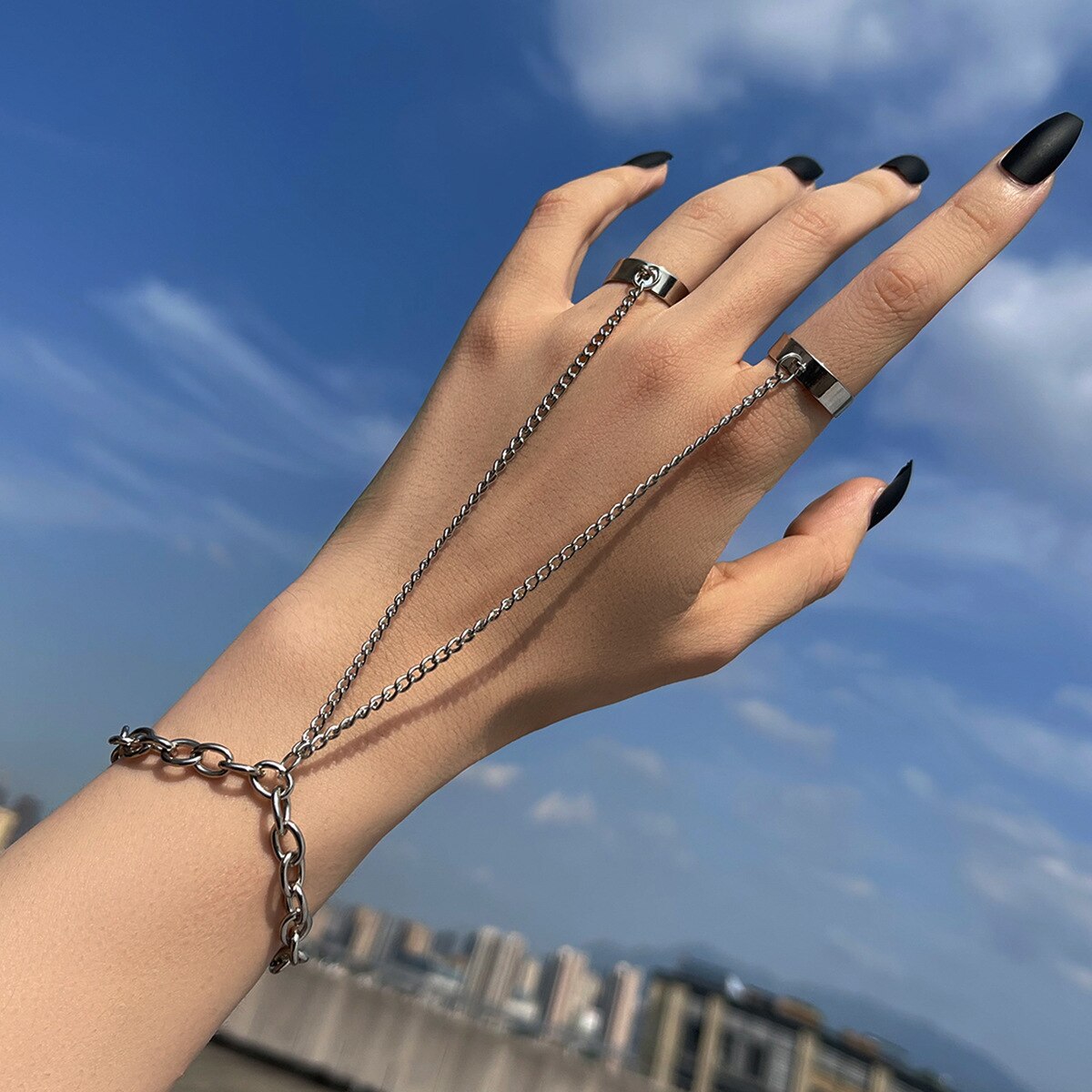 Punk Geometric Silver Color Chain Wrist Bracelet for Men Ring Charm Set Couple Emo Jewelry bracelets jewellery