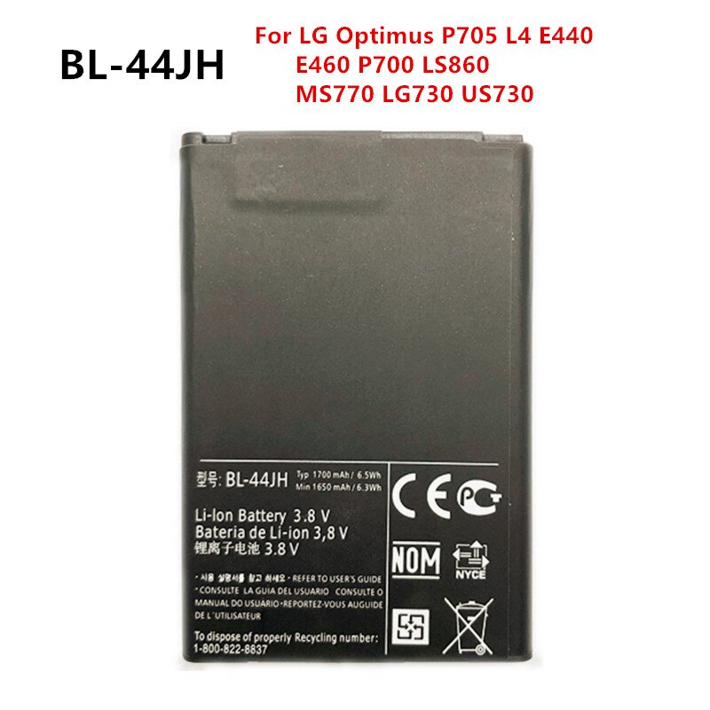 1700mAh BL-44JH Vervangende Batterij Voor LG Optimus P705 L4 E440 E460 P700 LS860 MS770 LG730 US730 BL44JH Batterijen