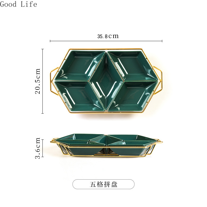 European-style Iron Art Ceramic Platter Diamond-shaped Fruit Plate Divided Cake Snack Nut Plates