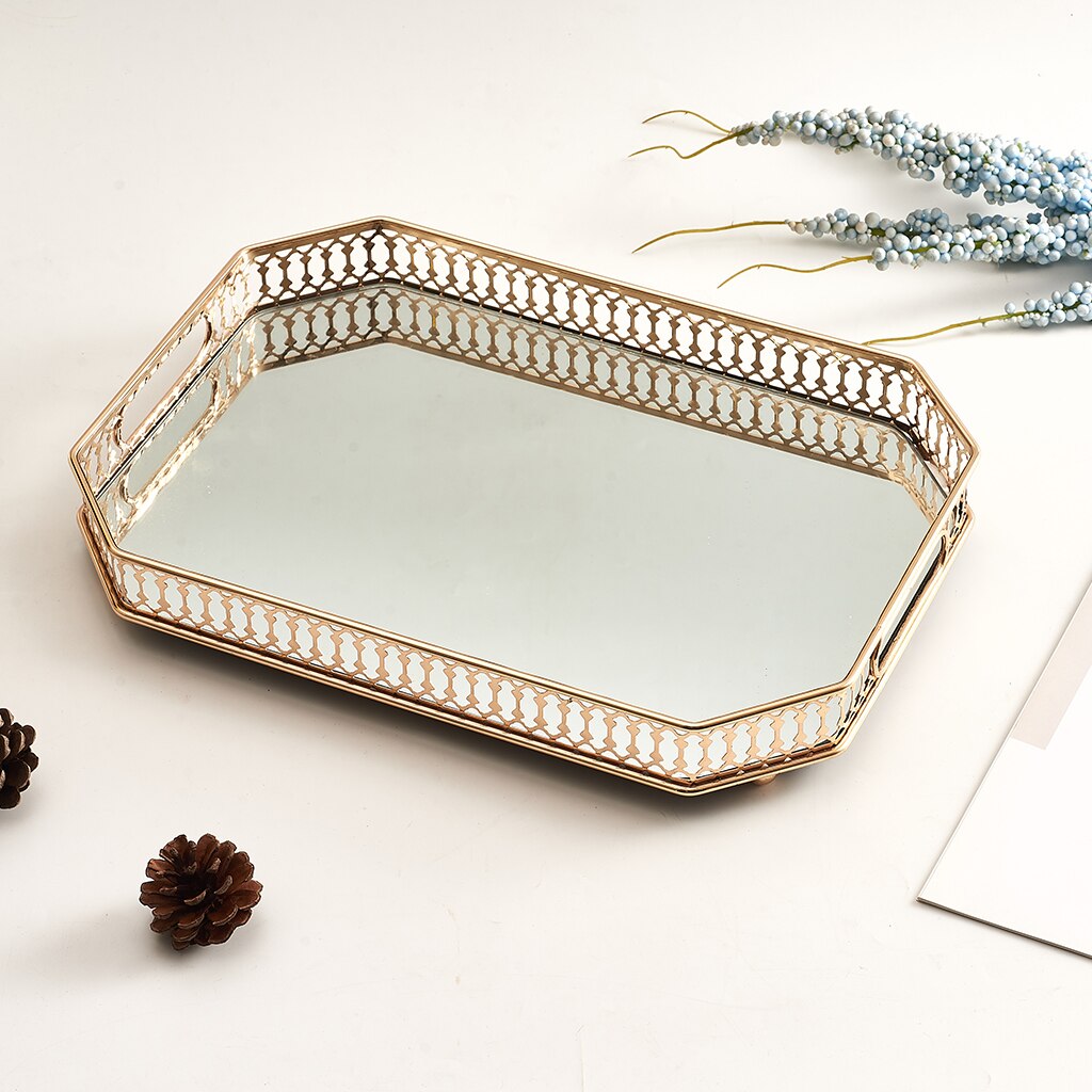 Mirrored Crystal Vanity Tray - Ornate Decorative Tray for Perfume, Jewelry and Makeup (14 x 10 inches, Gold)