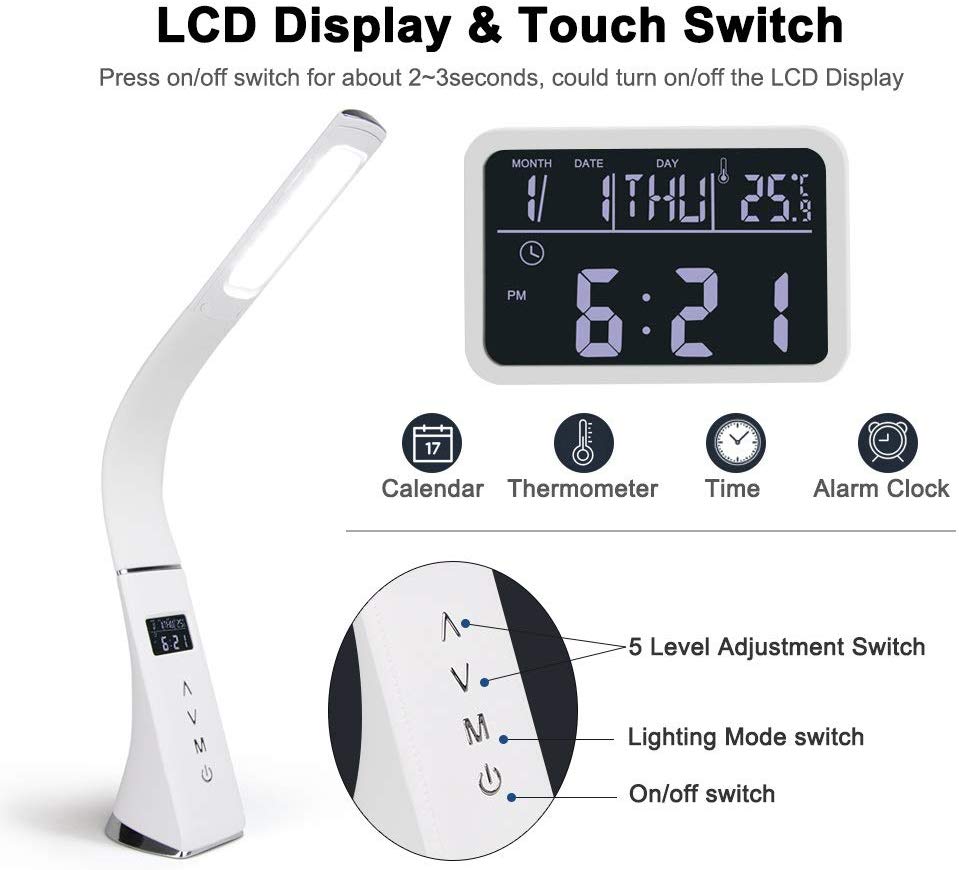 LED Schreibtisch Lampe, Augen Fürsorglich Tisch Lampe, dimmbar Büro Studie Schreibtisch Licht mit Kalender Thermometer Zeit & Alarm Uhr, 3 Modus 5 Ebene