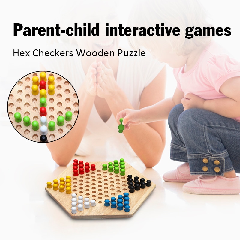 Traditional Hexagon Chess Game Wooden Chinese Checkers Family Game Set Board Games