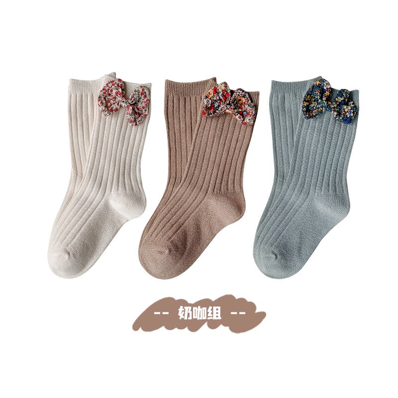 3 Paren/partij 1-8 Jaar Katoen Kinderen Sokken Herfst En Winter Koreaanse Bloemen Bow Meisjes Mid-Buis sokken Peuter Kniekousen: A / L (5-8)