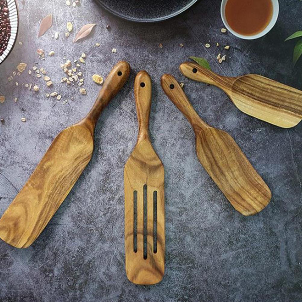 Wooden Cooking Utensils Slotted Spurtle Spatula Sets Non Stick Kitchen Tableware Non Stick Natural Teak Wood Cookware Set