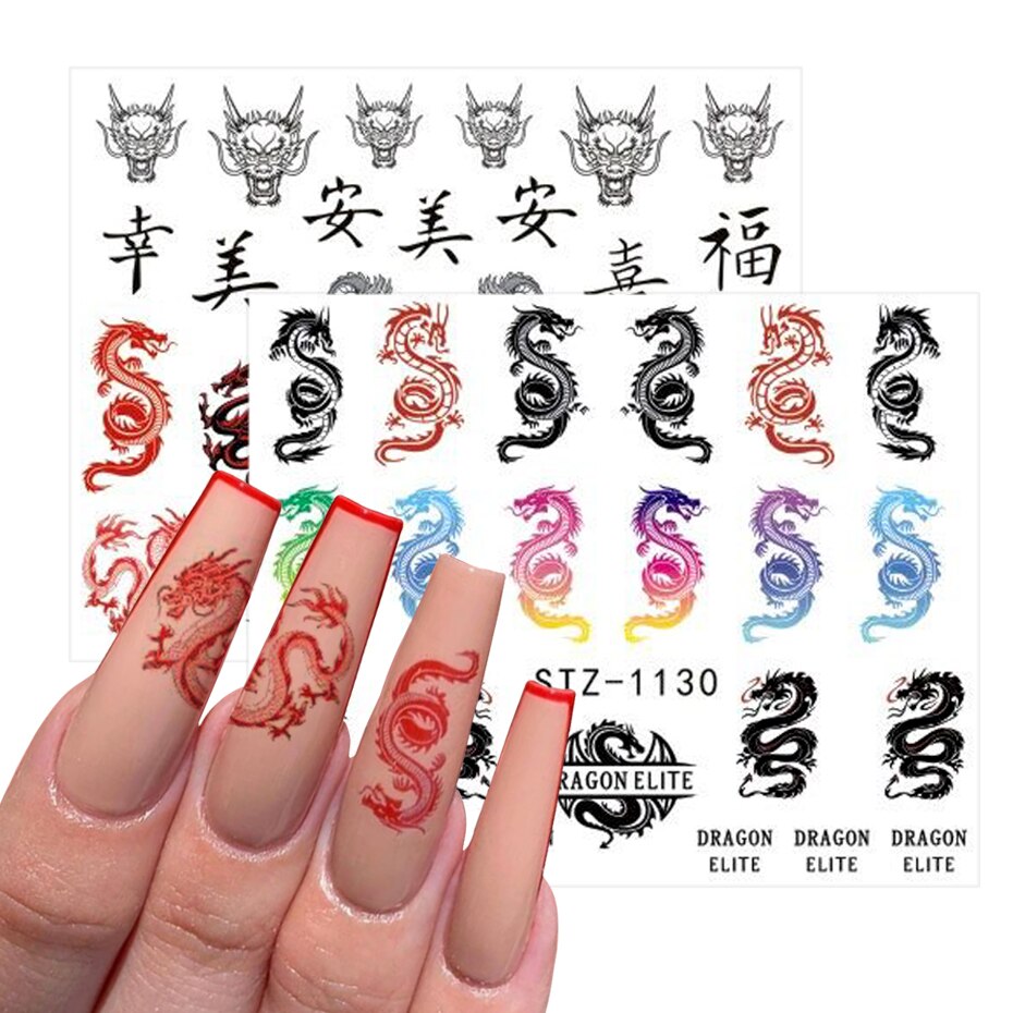 4/2/1pc Chinese Dragon Nail Art Sticker Water Decals Fire Year Character Nails Transfer Foils Manicures Decor BESTZ1130-1137