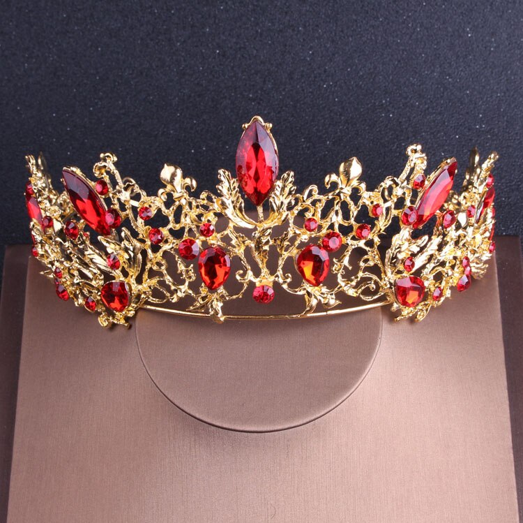Baroque Vintage Gold Red Bridal Jewelry Sets with Tiaras Choker Crystal Rhinestone Necklace Earrings Set Wedding Crown