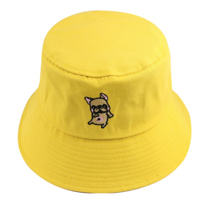 Rævmor sommer sød sort gul lyserød grøn ensfarvet fransk bulldog dyr broderi spand hatte kvinder hætter: Gul