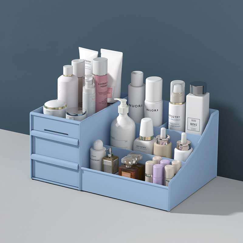 Organizador de maquillaje con cajones, almacenamiento organizador, tocador, almacenamiento en encimera del dormitorio para el cuidado de la piel, cosméticos, herramientas para cepillos de pestañas: Azul