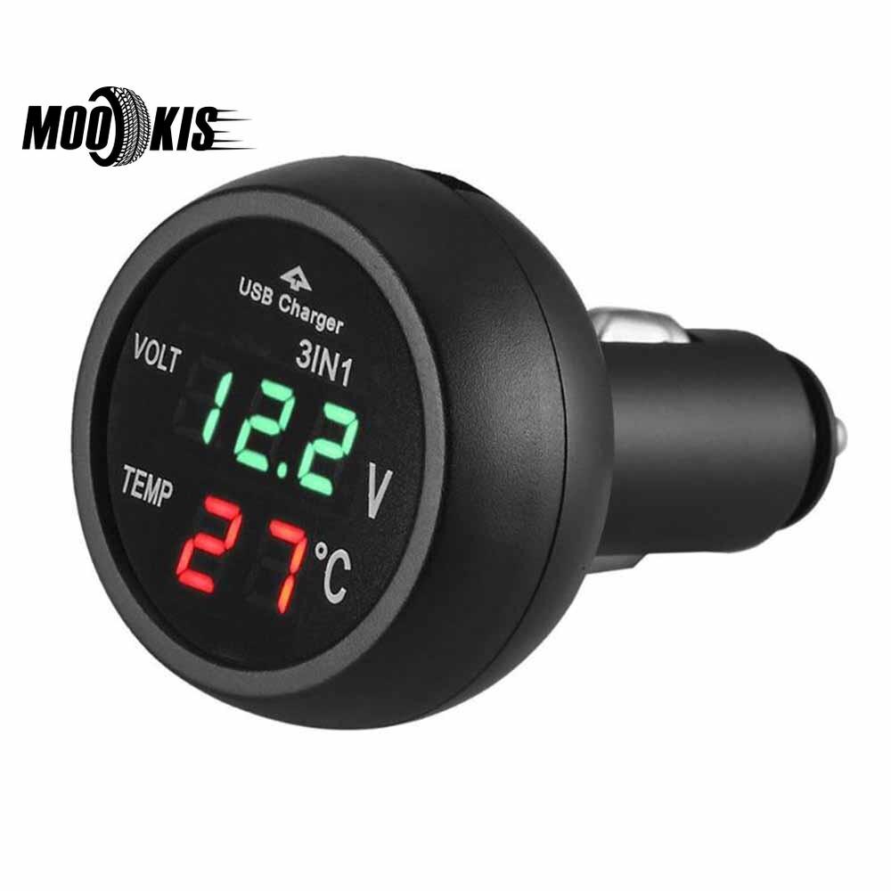 3 in 1 12/24v bil auto m onitor display usb opladning oplader til telefon tablet gps led digital voltmeter gauge termometer