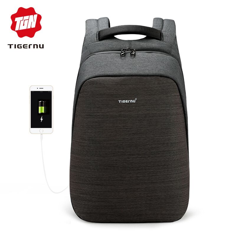 Tigernu-mochila antirrobo para ordenador portátil para hombre y mujer, morral impermeable delgado con carga usb, mochila escolar para viaje, 15,6: Black grey