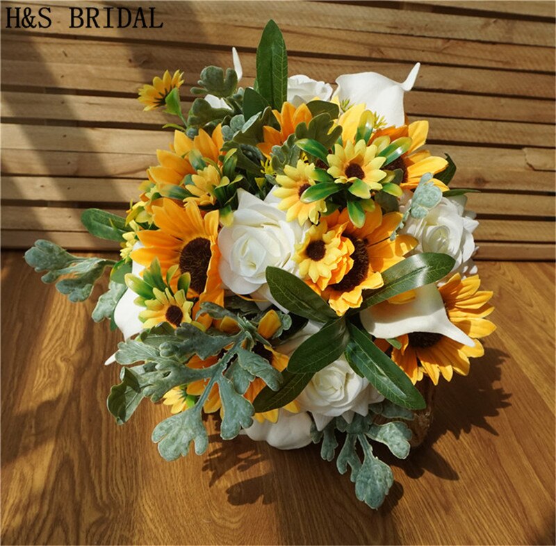 H&amp;S BRIDAL Sunflower Wedding bouquet Calla Lily Sun Flower Bridal Bouquets Yellow Bridesmaid bouquets Artificial Wedding Flower