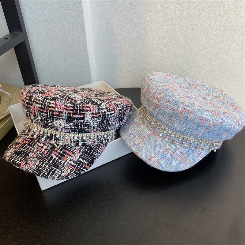 202007-CY036 automne goutte d'eau strass chaîne mélange Plaid loisirs octogonal chapeau hommes femmes visières casquette