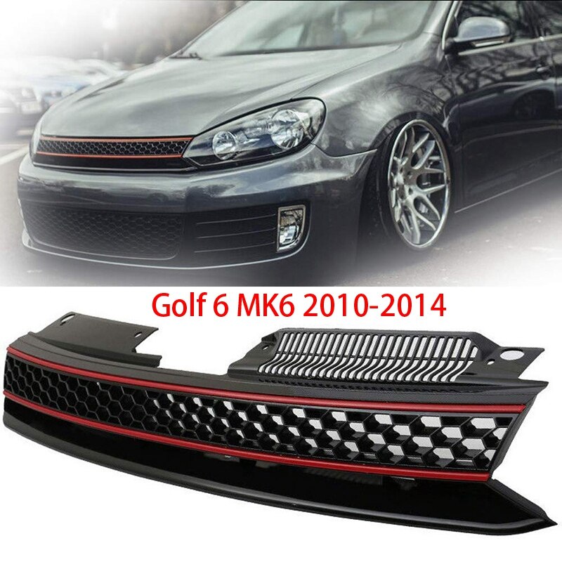 Grille for-Golf 6 MK6 , ABS Plastic Black & Red Trim Front Bumper Grill Hood Mesh