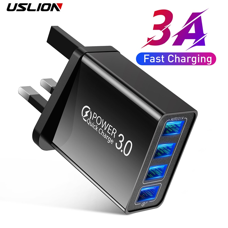 Uslion 48W Uk Usb Lader Quick Qc 3.0 4 Port Usb Charger Voor Iphone 11 Pro Max 7 Samsung s10 Xiaomi Muur Adapter Travel Uk Plug